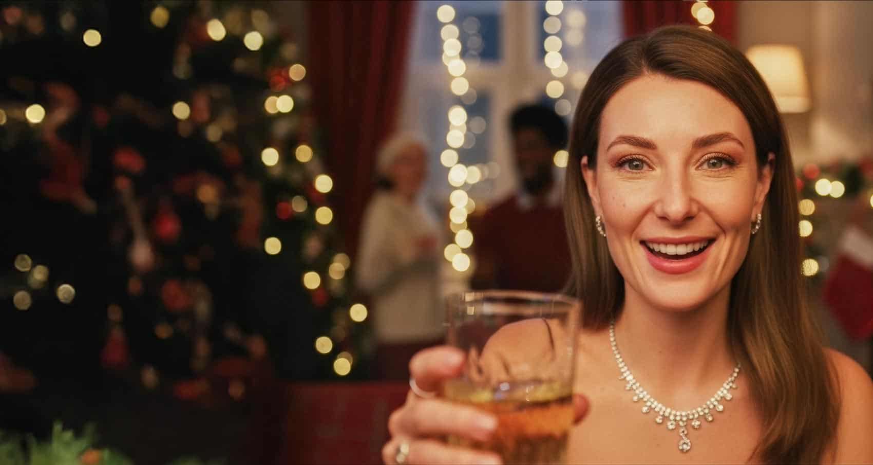 woman at christmas party smiling holding whisky glass